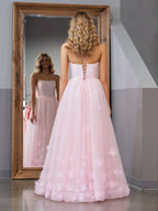 A-line Spaghetti Straps Pink Tulle Evening Dress - Curvevia