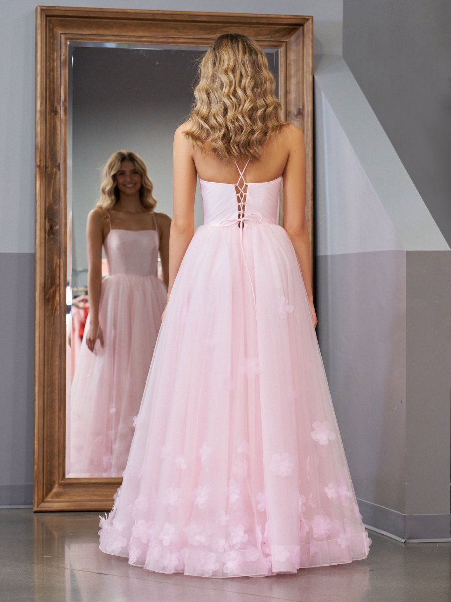 A-line Spaghetti Straps Pink Tulle Evening Dress - Curvevia