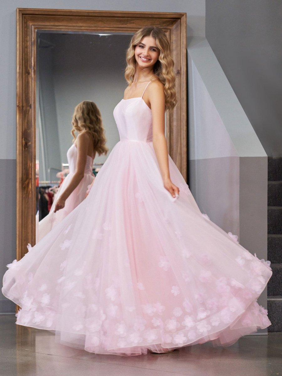 A-line Spaghetti Straps Pink Tulle Evening Dress - Curvevia