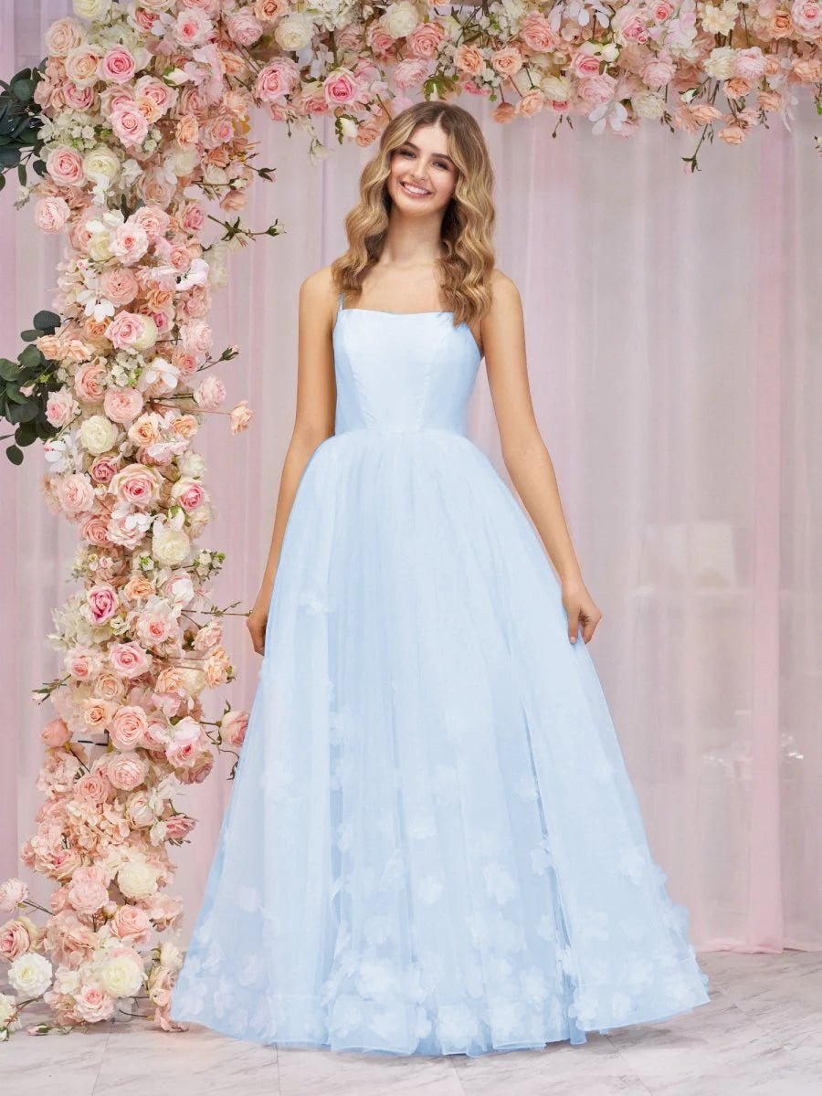 A-line Spaghetti Straps Pink Tulle Evening Dress - Curvevia