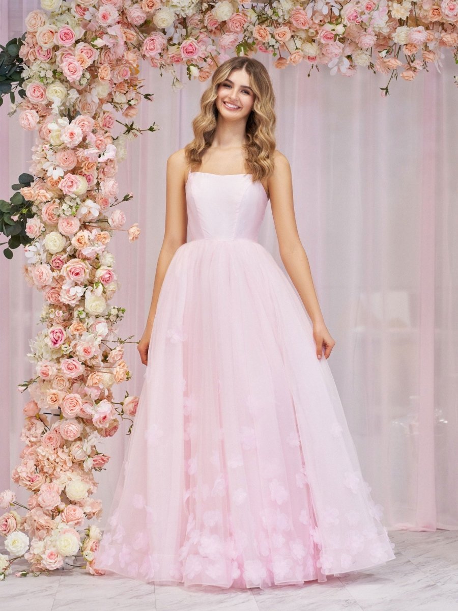 A-line Spaghetti Straps Pink Tulle Evening Dress - Curvevia