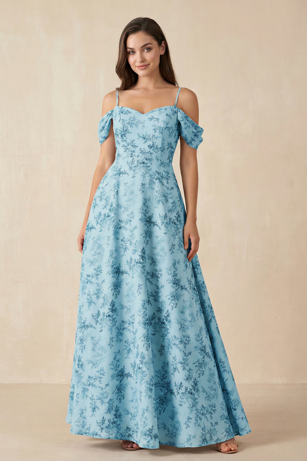 Floral Chiffon Off-the-Shoulder A-Line Bridesmaid Dress in Adriatic Blue - Curvevia