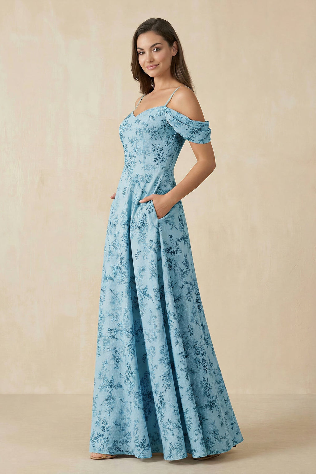 Floral Chiffon Off-the-Shoulder A-Line Bridesmaid Dress in Adriatic Blue - Curvevia