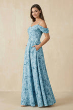 Floral Chiffon Off-the-Shoulder A-Line Bridesmaid Dress in Adriatic Blue - Curvevia