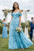 Floral Chiffon Off-the-Shoulder A-Line Bridesmaid Dress in Adriatic Blue - Curvevia