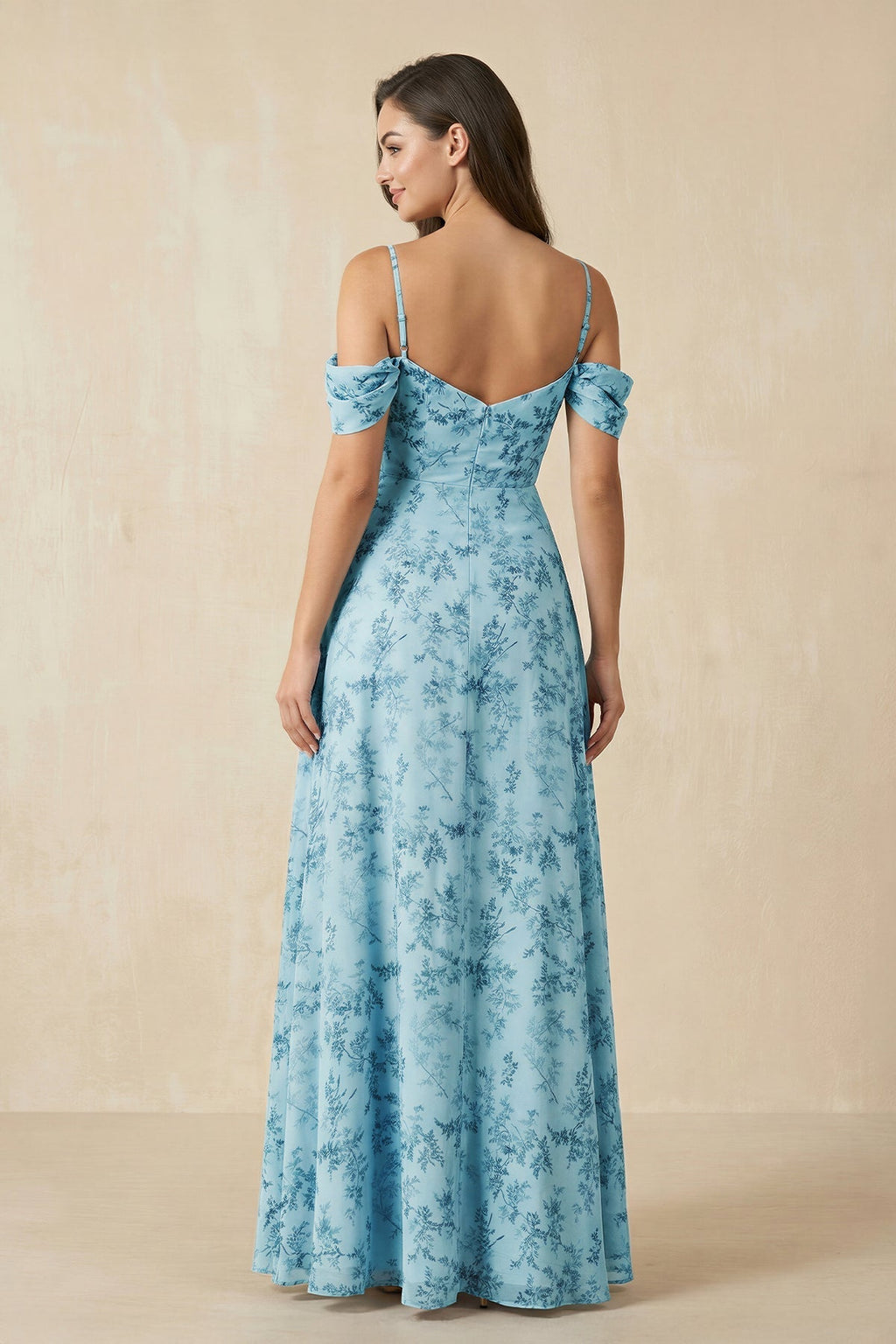 Floral Chiffon Off-the-Shoulder A-Line Bridesmaid Dress in Adriatic Blue - Curvevia