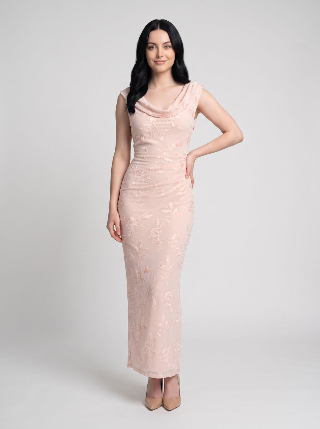 Blushing Pink Chiffon Sheath Cowl Neck Side Zip Floor-Length Dress with Flocked Floral Texture - Curvevia