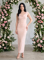 Blushing Pink Chiffon Sheath Cowl Neck Side Zip Floor-Length Dress with Flocked Floral Texture - Curvevia