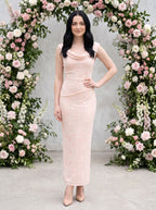 Blushing Pink Chiffon Sheath Cowl Neck Side Zip Floor-Length Dress with Flocked Floral Texture - Curvevia