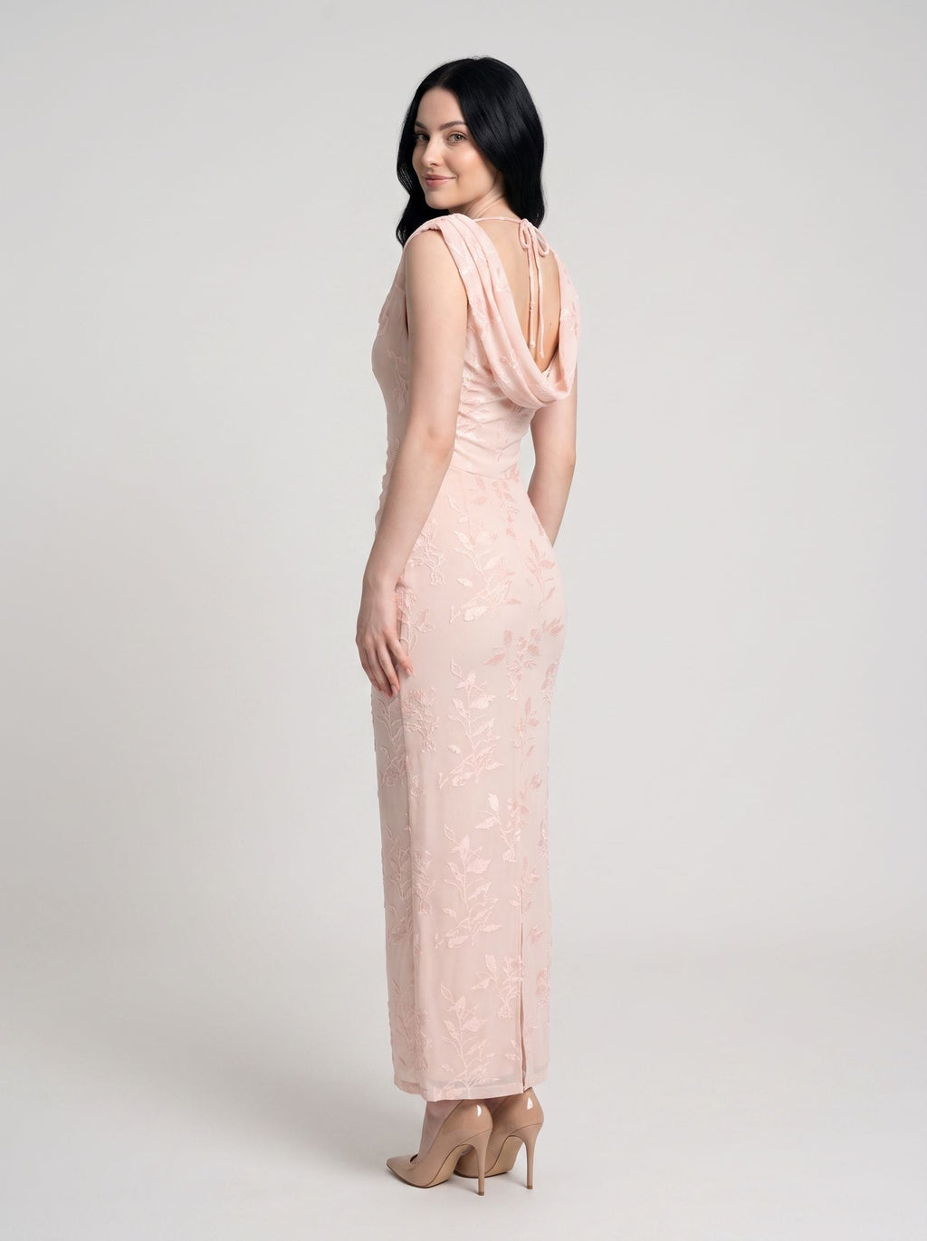 Blushing Pink Chiffon Sheath Cowl Neck Side Zip Floor-Length Dress with Flocked Floral Texture - Curvevia