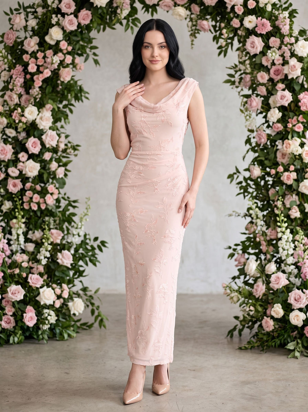 Blushing Pink Chiffon Sheath Cowl Neck Side Zip Floor-Length Dress with Flocked Floral Texture - Curvevia
