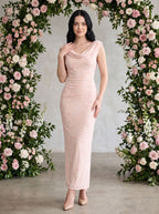 Blushing Pink Chiffon Sheath Cowl Neck Side Zip Floor-Length Dress with Flocked Floral Texture - Curvevia