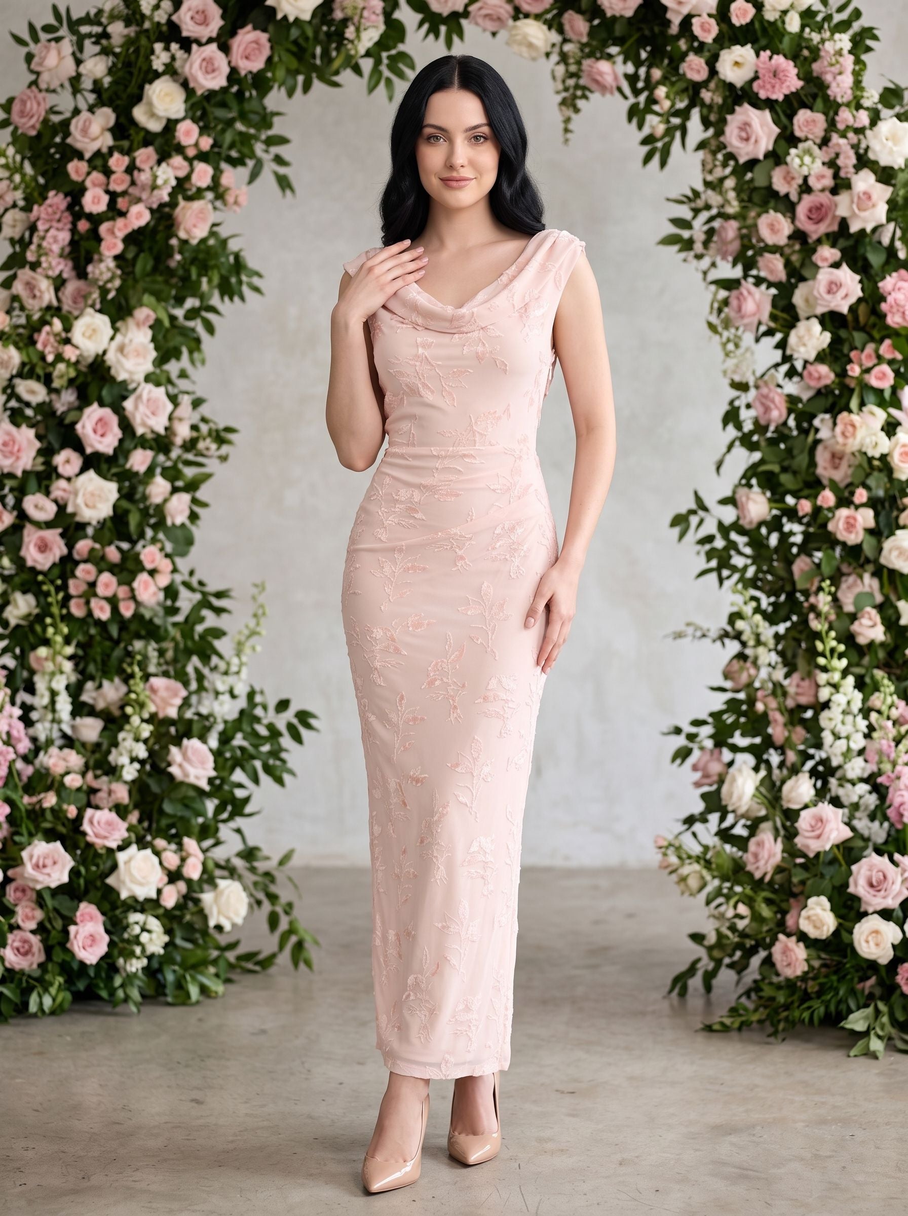 Blushing Pink Chiffon Sheath Cowl Neck Side Zip Floor-Length Dress with Flocked Floral Texture - Curvevia