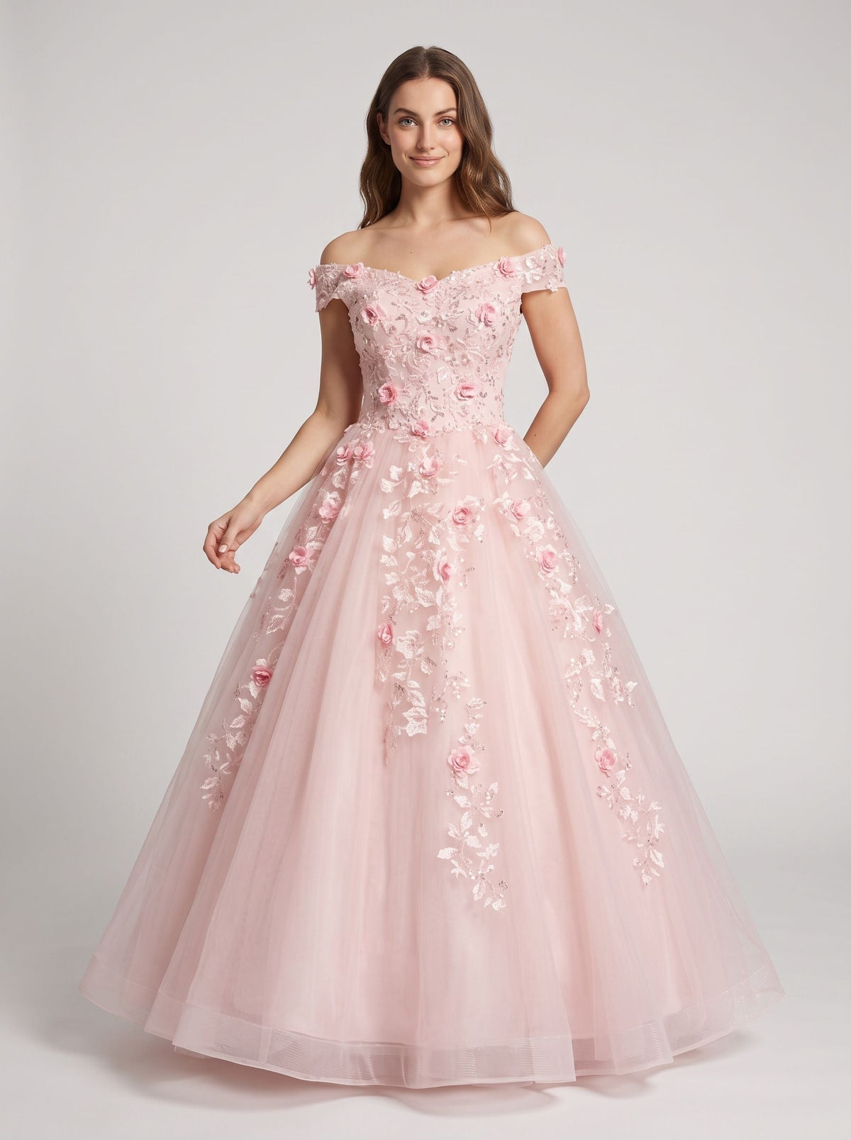 Floral Print Tulle A-Line Off-the-Shoulder Criss-Cross Straps Floor-Length Dress with Pleated Bodice - Curvevia