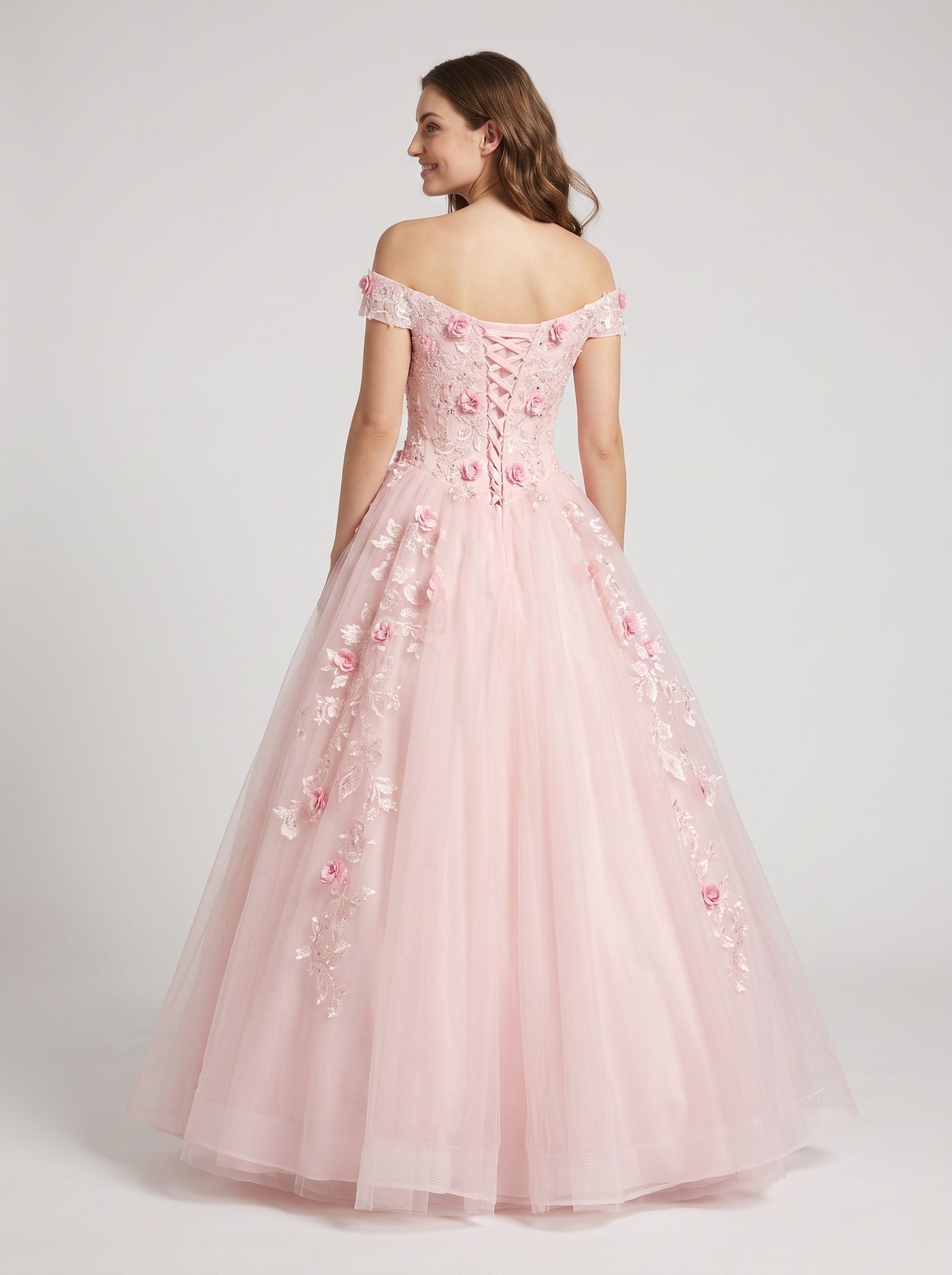 Floral Print Tulle A-Line Off-the-Shoulder Criss-Cross Straps Floor-Length Dress with Pleated Bodice - Curvevia