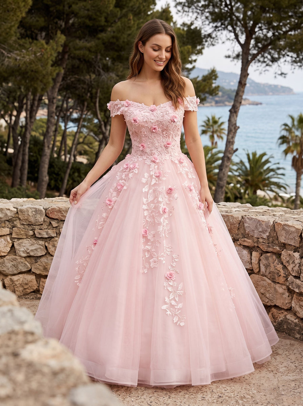 Floral Print Tulle A-Line Off-the-Shoulder Criss-Cross Straps Floor-Length Dress with Pleated Bodice - Curvevia