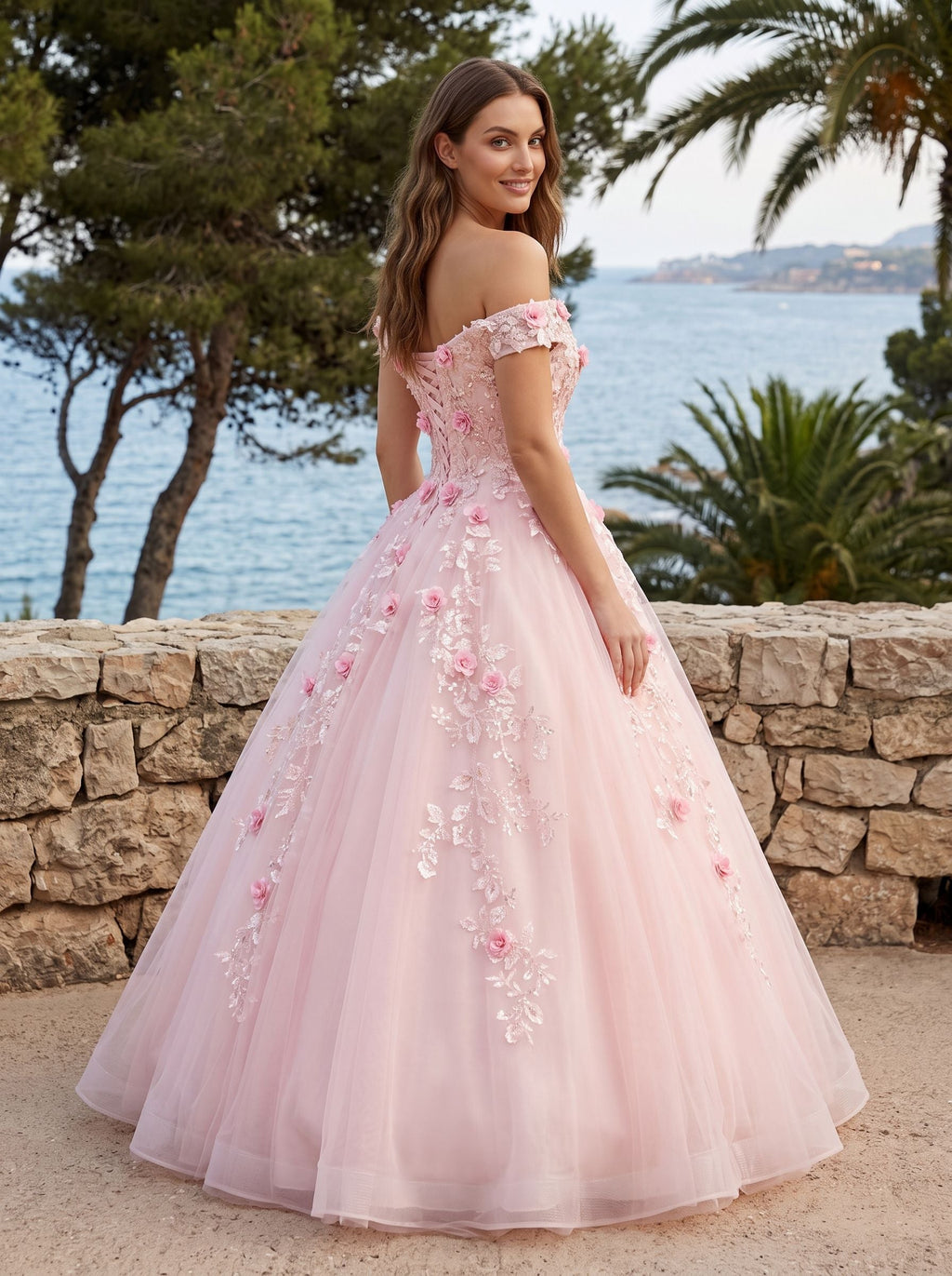 Floral Print Tulle A-Line Off-the-Shoulder Criss-Cross Straps Floor-Length Dress with Pleated Bodice - Curvevia