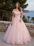Floral Print Tulle A-Line Off-the-Shoulder Criss-Cross Straps Floor-Length Dress with Pleated Bodice - Curvevia