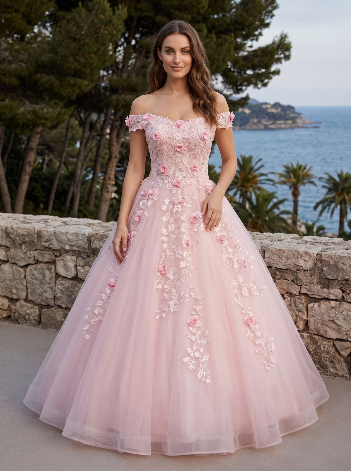 Floral Print Tulle A-Line Off-the-Shoulder Criss-Cross Straps Floor-Length Dress with Pleated Bodice - Curvevia