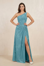 Floral Printed One-Shoulder A-Line Chiffon Bridesmaid Dress in Adriatic Blue - Curvevia