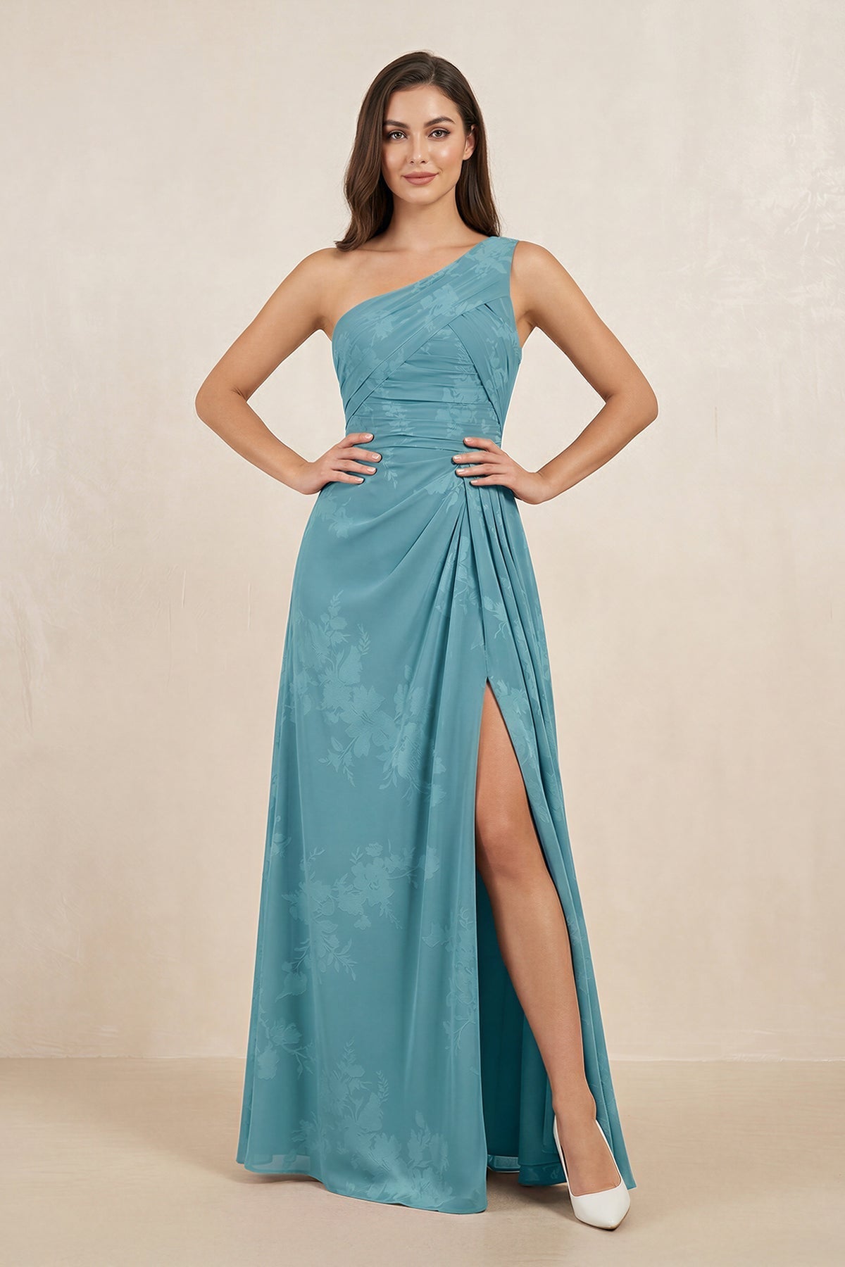 Floral Printed One-Shoulder A-Line Chiffon Bridesmaid Dress in Adriatic Blue - Curvevia