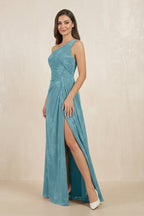 Floral Printed One-Shoulder A-Line Chiffon Bridesmaid Dress in Adriatic Blue - Curvevia