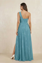 Floral Printed One-Shoulder A-Line Chiffon Bridesmaid Dress in Adriatic Blue - Curvevia