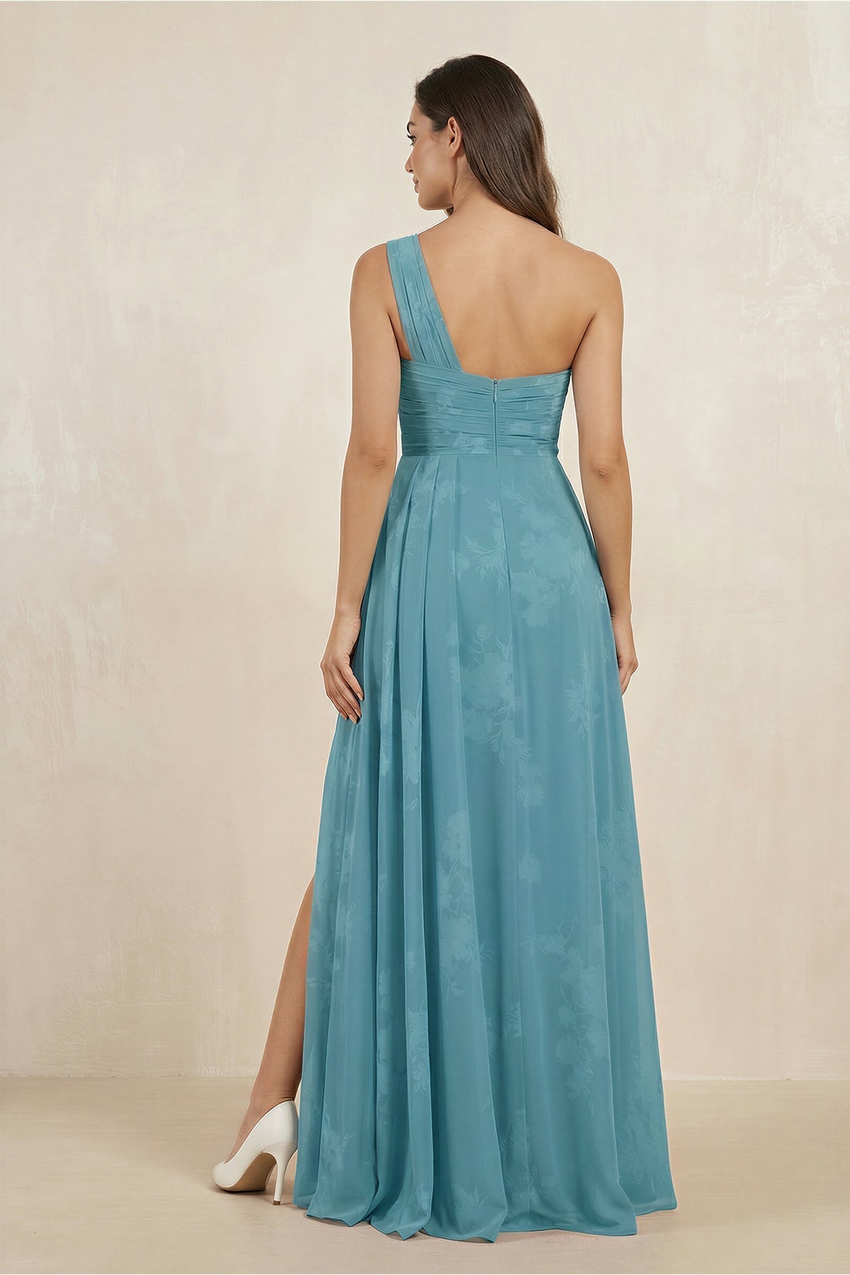 Floral Printed One-Shoulder A-Line Chiffon Bridesmaid Dress in Adriatic Blue - Curvevia