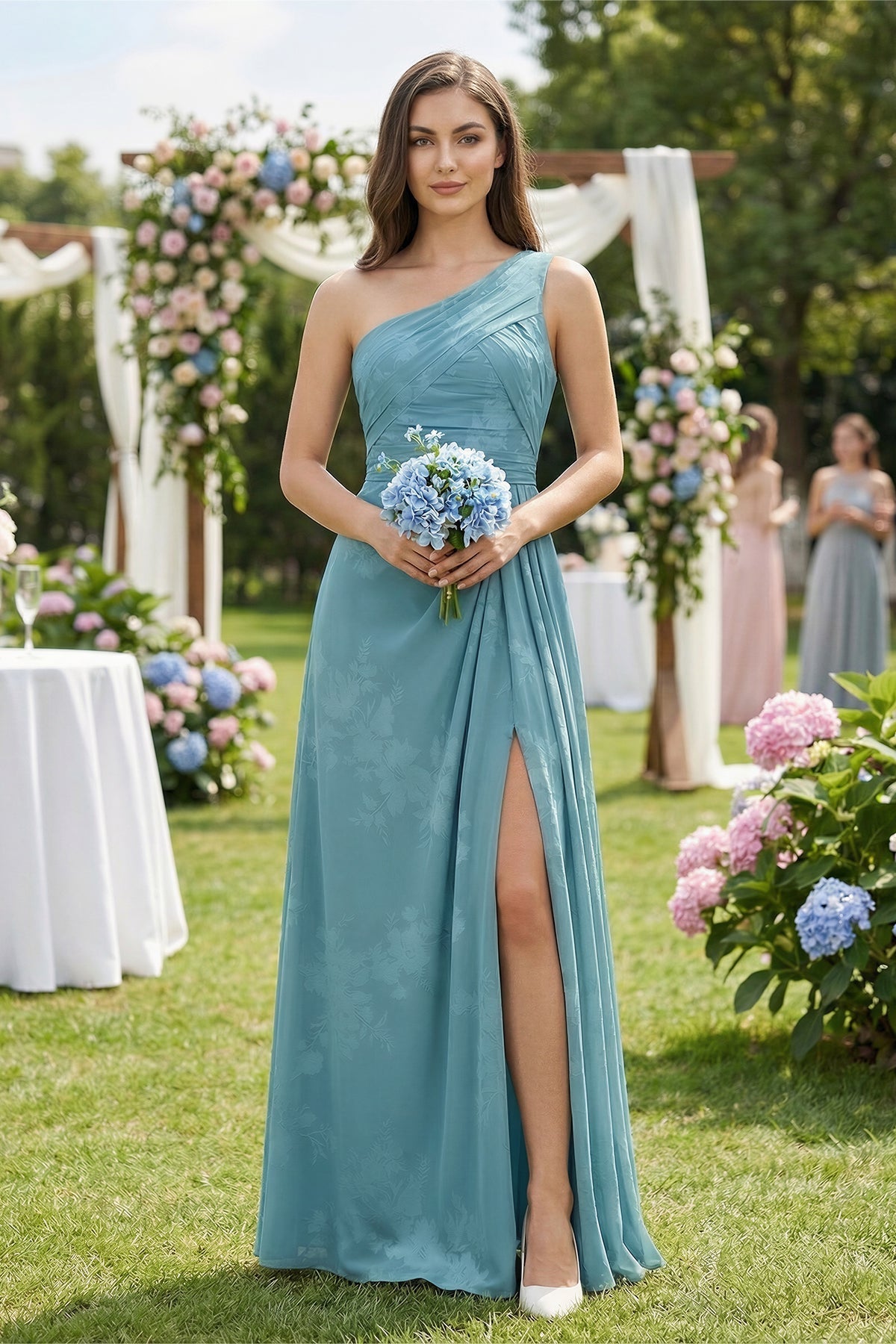 Floral Printed One-Shoulder A-Line Chiffon Bridesmaid Dress in Adriatic Blue - Curvevia