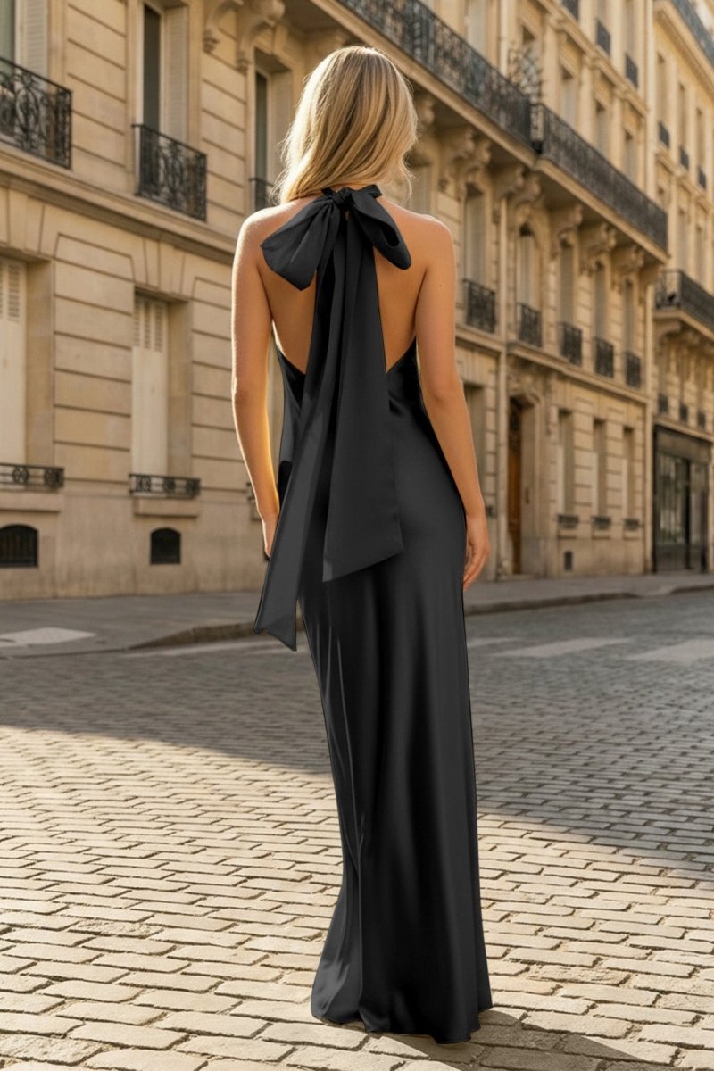 Yellow Halter Sheath Satin Backless Long Evening Dress - Curvevia