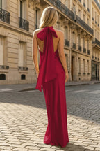 Yellow Halter Sheath Satin Backless Long Evening Dress - Curvevia
