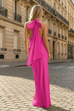 Yellow Halter Sheath Satin Backless Long Evening Dress - Curvevia