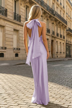 Yellow Halter Sheath Satin Backless Long Evening Dress - Curvevia