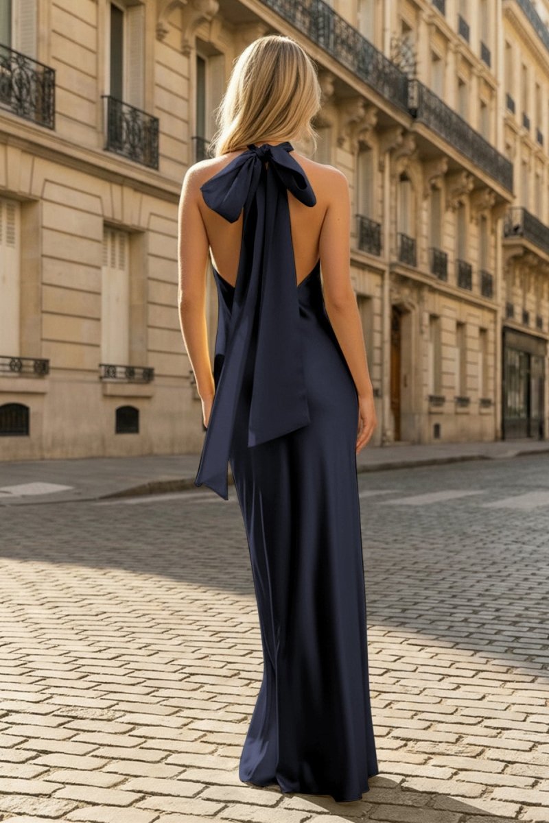 Yellow Halter Sheath Satin Backless Long Evening Dress - Curvevia