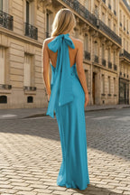 Yellow Halter Sheath Satin Backless Long Evening Dress - Curvevia