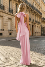 Yellow Halter Sheath Satin Backless Long Evening Dress - Curvevia
