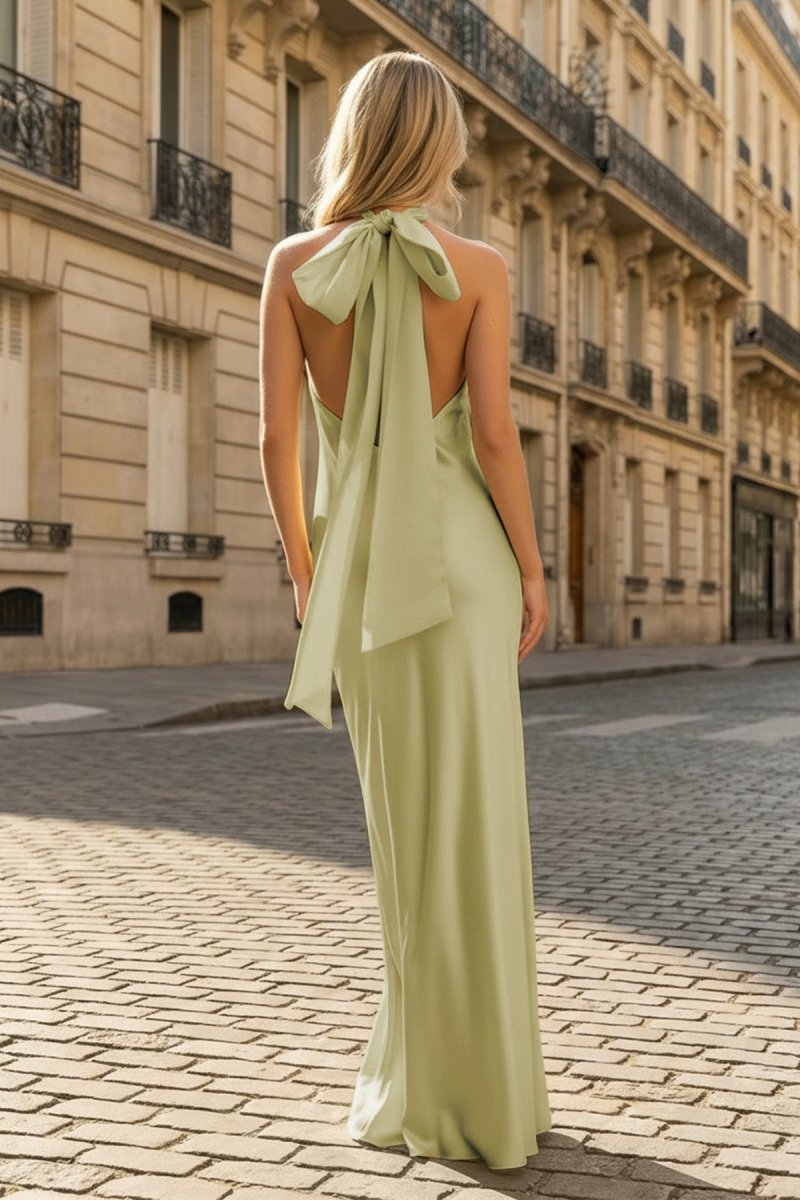 Yellow Halter Sheath Satin Backless Long Evening Dress - Curvevia