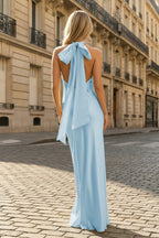 Yellow Halter Sheath Satin Backless Long Evening Dress - Curvevia
