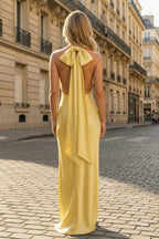 Yellow Halter Sheath Satin Backless Long Evening Dress - Curvevia