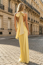 Yellow Halter Sheath Satin Backless Long Evening Dress - Curvevia