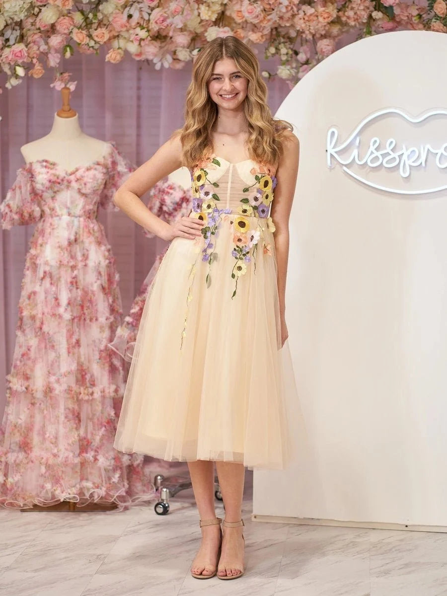 3D Flower Tulle Tea Length Wedding Guest Dress - Curvevia