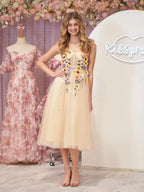 3D Flower Tulle Tea Length Wedding Guest Dress - Curvevia