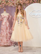 3D Flower Tulle Tea Length Wedding Guest Dress - Curvevia