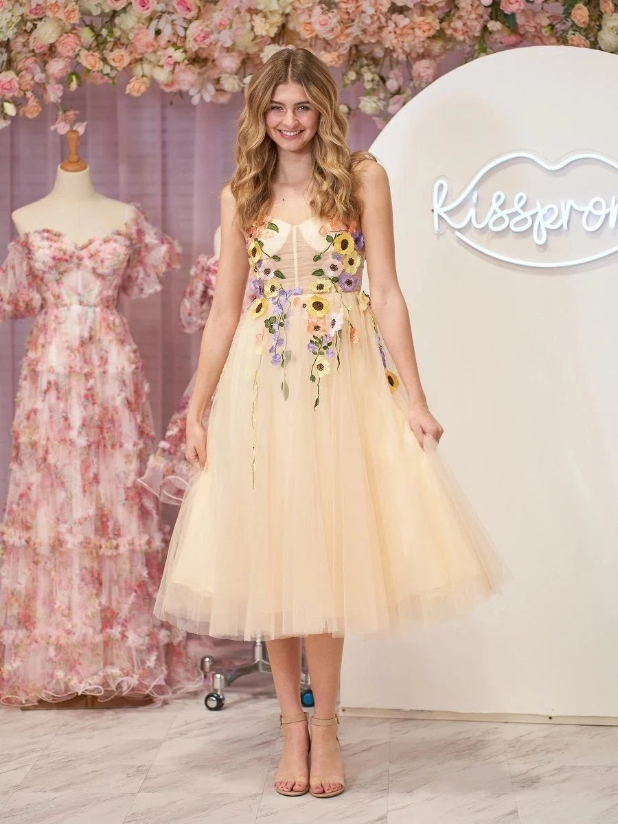 3D Flower Tulle Tea Length Wedding Guest Dress - Curvevia