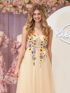 3D Flower Tulle Tea Length Wedding Guest Dress - Curvevia