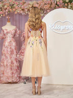3D Flower Tulle Tea Length Wedding Guest Dress - Curvevia