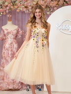3D Flower Tulle Tea Length Wedding Guest Dress - Curvevia