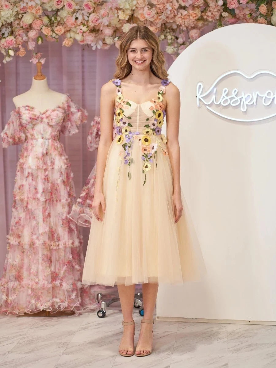 3D Flower Tulle Tea Length Wedding Guest Dress - Curvevia