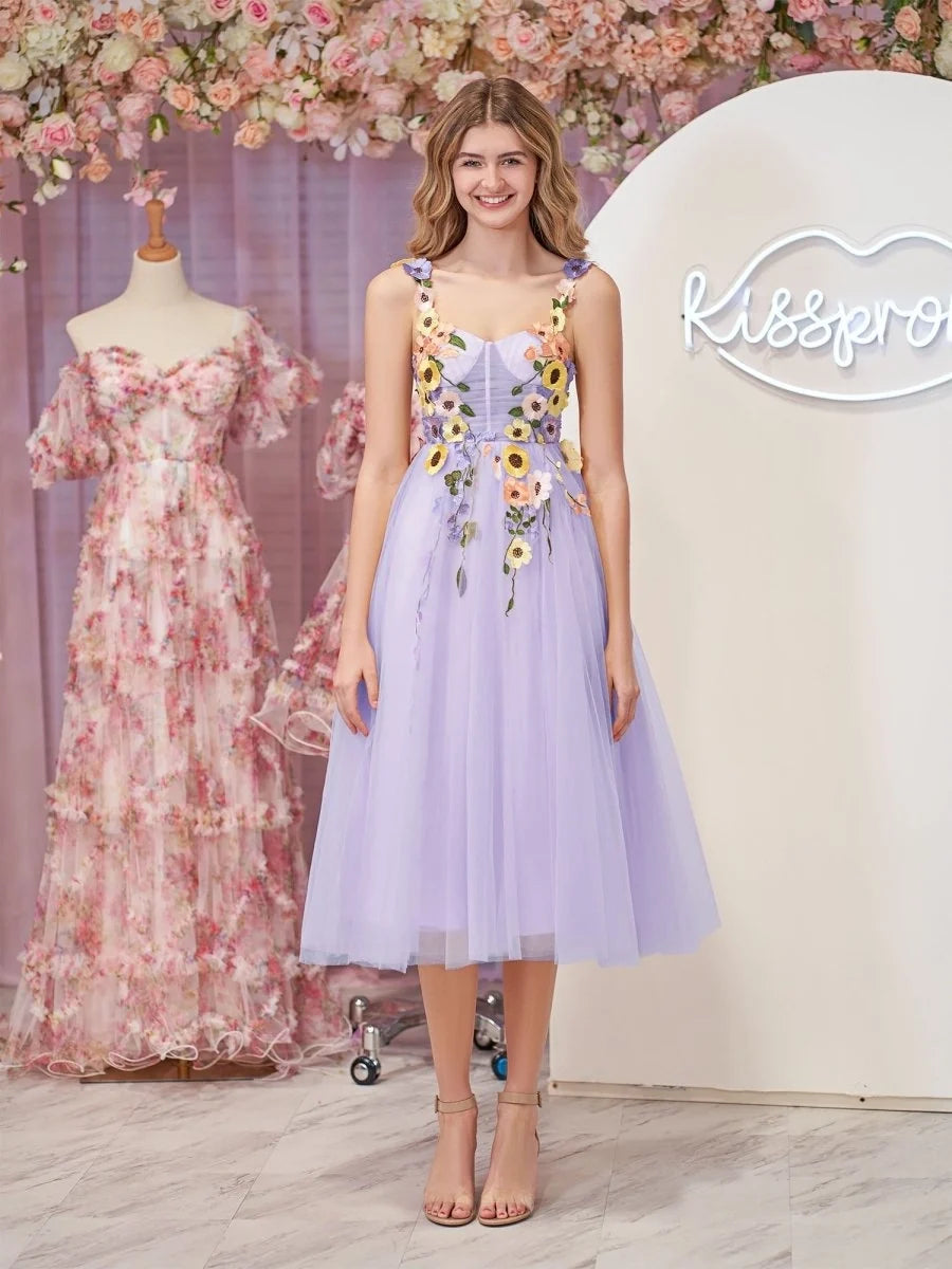 3D Flower Tulle Tea Length Wedding Guest Dress - Curvevia