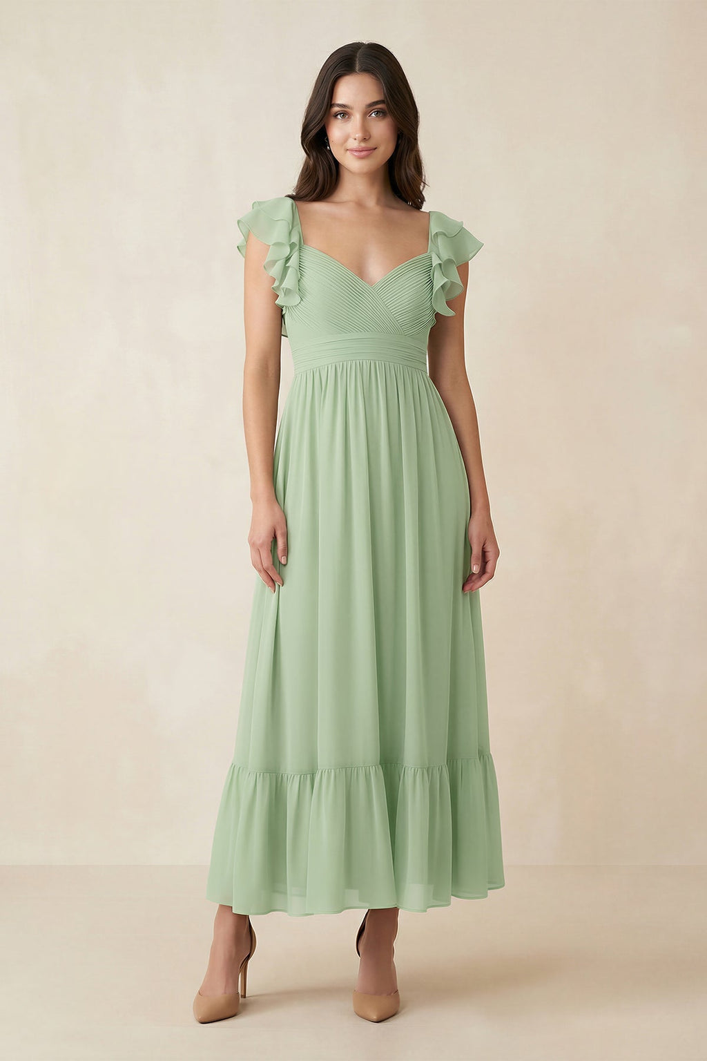 Flutter Sleeve Sweetheart A-Line Chiffon Mother of the Bride Dress in Sage - Curvevia